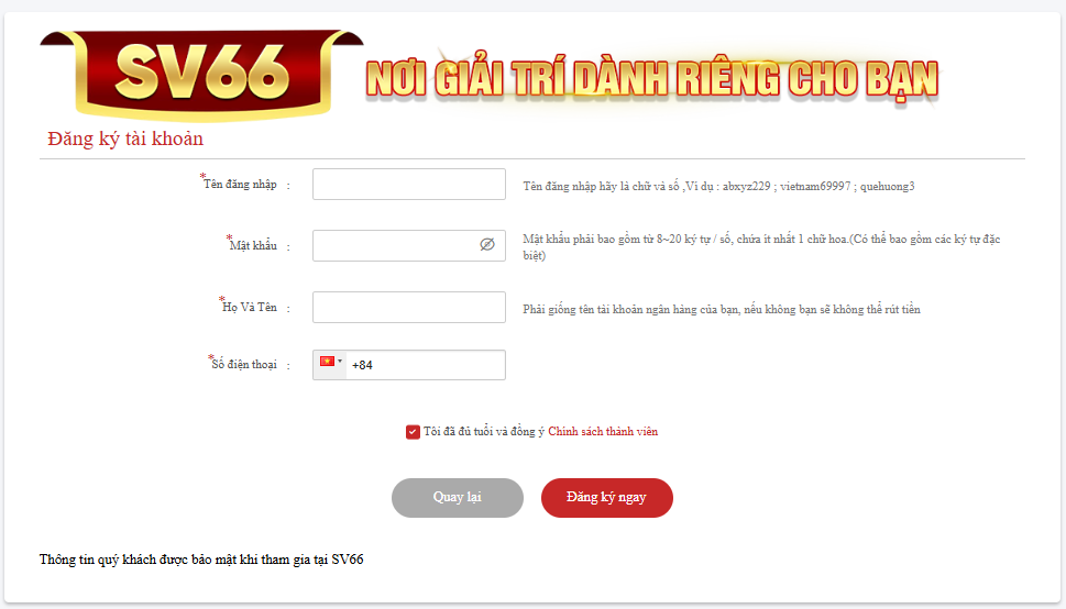 Người chơi điền thông tin để đăng ký tài khoản SV66